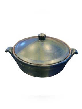 Vintage Great American Stoneware Covered Casserole Dish Blue‎ Green Pottery